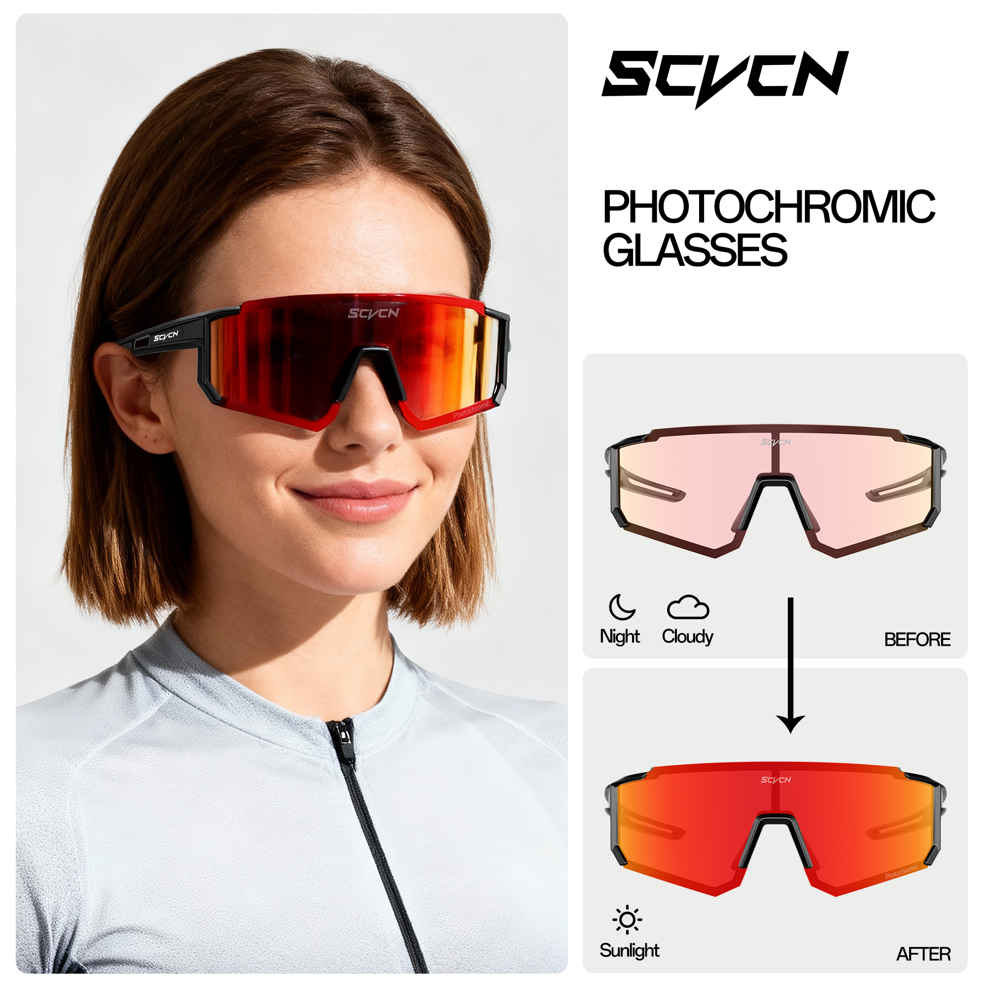 Mountain Biking Glasses - แว่นกันแดดปั่นจักรยาน SCVCN แบบเปลี่ยนสีอัตโนมัติ ป้องกันรังสียูวี 400 สำหรับกิจกรรมกลางแจ้ง