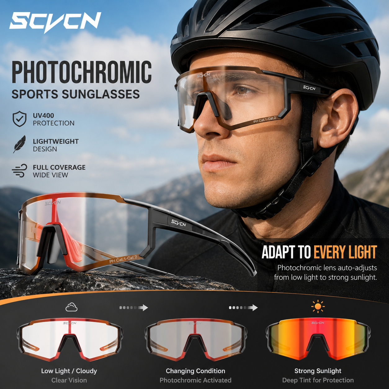 Mountain Biking Glasses - SCVCN ใหม่โฟโตโครมิกแว่นตากันแดดสำหรับปั่นจักรยานผู้ชายผู้หญิงแว่นตาจักรยานกีฬาวิ่งแว่นตา MTB UV400 วิ่งบนถนนแว่นตาเดินป่า