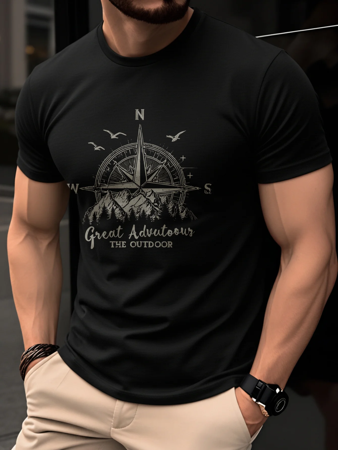 Mountain Biking Vest - เสื้อยืดแขนสั้นคอกลมพิมพ์ลายภูเขาเข็มทิศสไตล์เรโทรหลวมๆ แฟชั่นลำลองผ้าฝ้ายแท้ 100% สำหรับผู้ชายฤดูร้อน