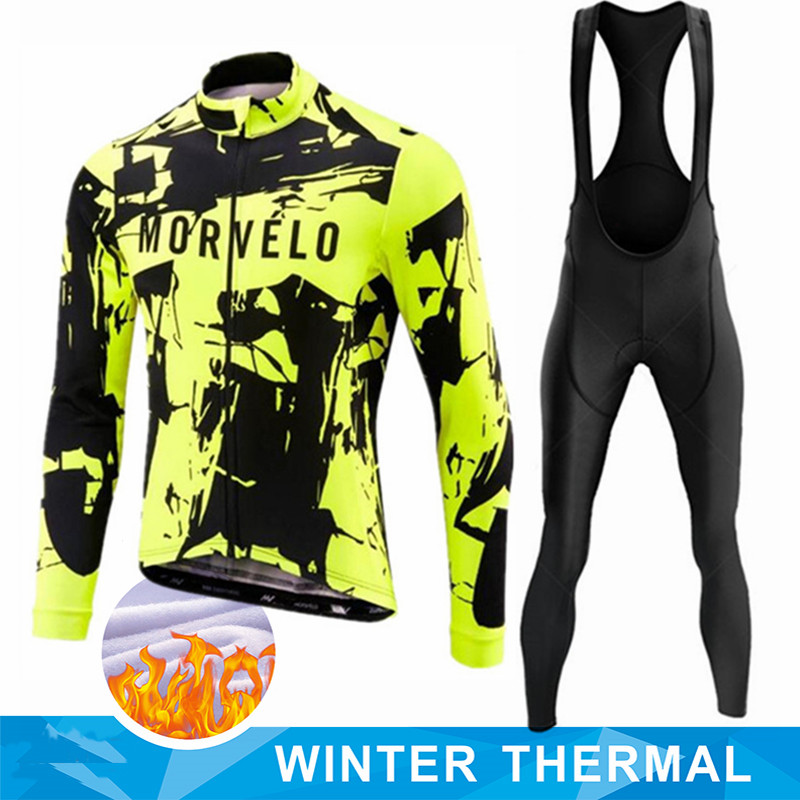 Mountain Biking Uniform - ชุดเสื้อเจอร์ซีย์ปั่นจักรยานแขนยาว MORVELO ผ้าฟลีซกันหนาว พร้อมกางเกงเอี๊ยม ชุดปั่นจักรยานเสือภูเขา สำหรับผู้ชาย